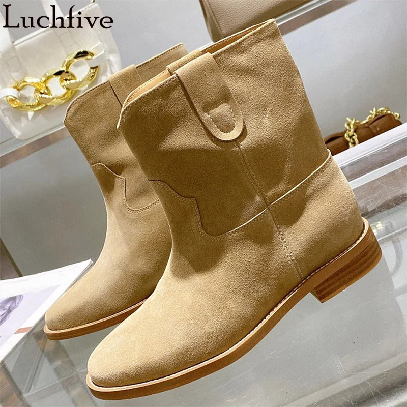 Winter Classic Chelsea Boots for Woman Real Suede Round toe Wedges heel Ankle Boots Simple Comfortable Cowboy Boots female