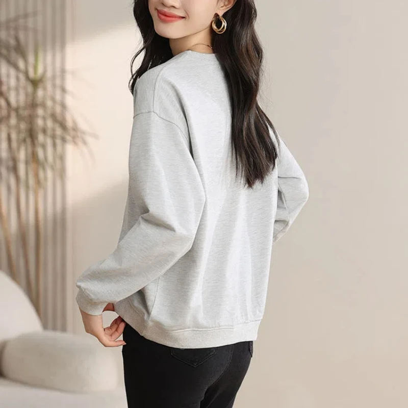 2024 Spring Autumn Women's New Splicing Pullovers O-Neck Embroidery Letter Fashion Solid Loose Casual Long Sleeve Sweatshirts