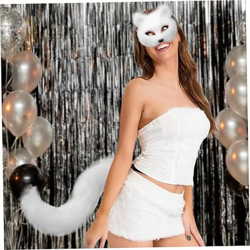 

Halloween Cat Face Mask Ball Tail Wolf Cosplay Costume Suit Plush Fluffy Claw Cat Gloves
