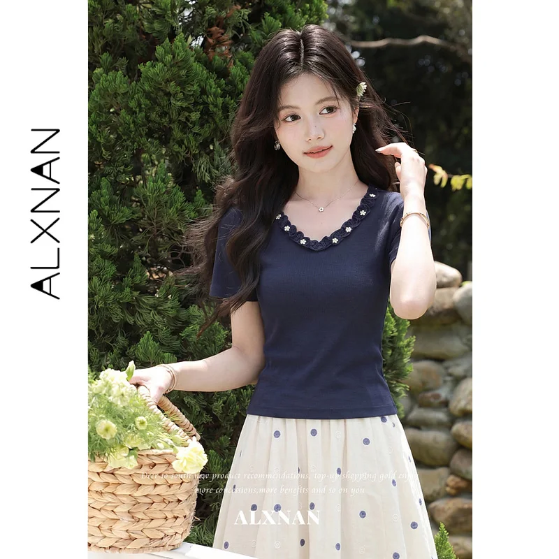 ALXNAN Blue Women's T-shirt 2026 Summer Short Sleeve V-neck Wavy Edge Floral Decorations Tees Ladies Clothing Slim-fit L67380A view 3