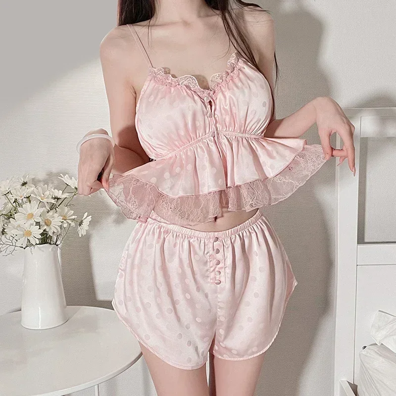 Cute Lace Sexy Pajama Set Women's 2 Pieces Sleepwear Pyjamas Silk Satin Sling Top and Shorts Pajamas for Women Pijamas