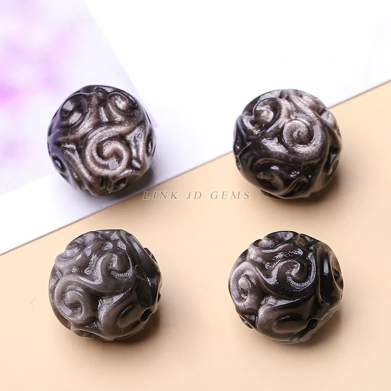 1 Pc Natural Silver Obsidian Flower Patterned Bead Fit Pendant Charms For Jewerly Making Diy Bracelet Necklace Accessory