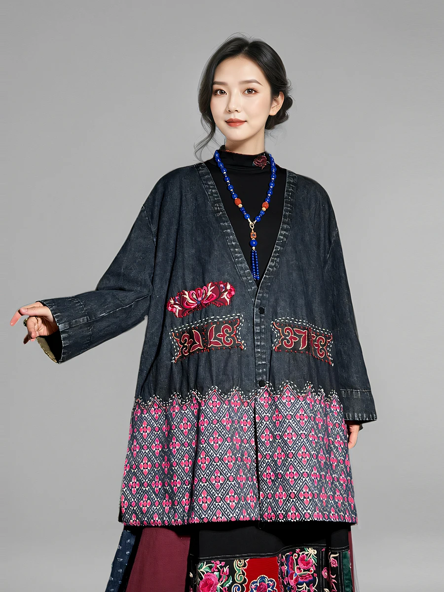 Original Design Embroidered V-Ne Jaet Women's Loose Fit Heavy Embroidery National Sle Denim Jaet Versatile Casual Out...