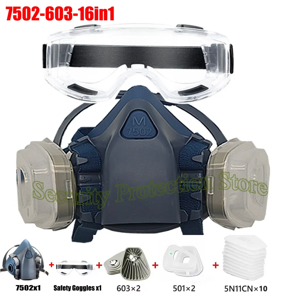 

Half Face Dust Mask Silicone 7502 6200 With 603 5N11 Particle Filter Goggles Set For Labour Grinding Dust Paint Spray Decoration