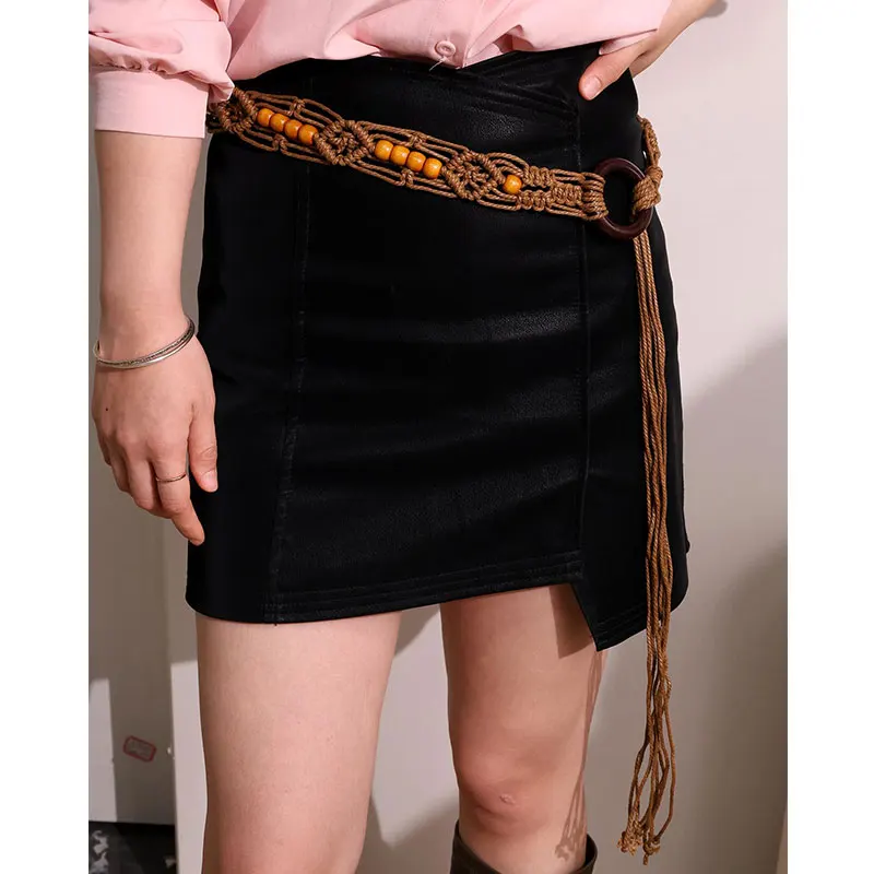 Bohemian  Ethnic   Woven Brown Rope Wooden beads Belt Summer Skirt Decoration Belt for Women Girl Charm Waist Chain HUANZHI NEW