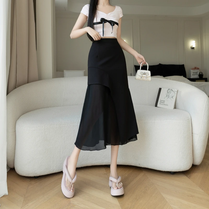

Ladies Fashion Asymmetric Chiffon Splicing Black Fishtail Skirt Women Clothes Girls Cute Skirts Female Casual Clothing BPAG8435