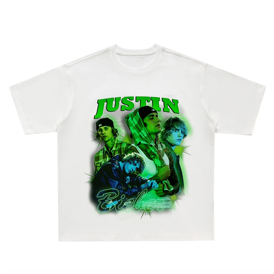 2024 Pop Justin Bieber High Street Print T-shirt Plus Size Loose American Retro Round Neck Digital Direct Spray Short Sleeve