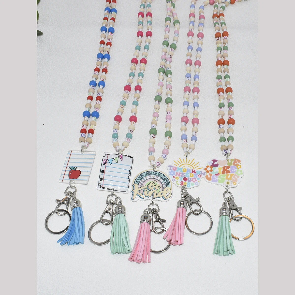 B​oho Styles Mixed Colorful Wooden Beads Tiny Hearts Beaded Handmade Designs With Blank Notebook Suede Tassel Lanyard Keychains