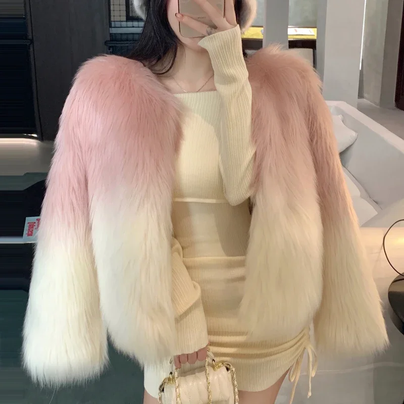 FANIECES Fashion Gradient Faux Fox Fur Coat Cardigan Winter Tops Outerwear Long Sleeve O Neck Fluffy Luxury Feather Jacket 코트