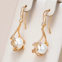 Kinel Hot Pearl Long Drop Earrings For Women Trendy 585 Rose Gold Color Natural Zircon Vintage Flower Party Fine Daily Jewelry