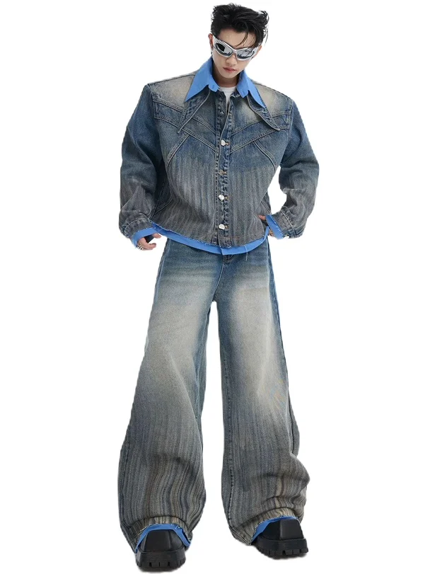 

American Retro Sle Men's Denim Jaet And Pants Set Faionable Patchwork Long Sve Autumn Collection Youth Streetwear
