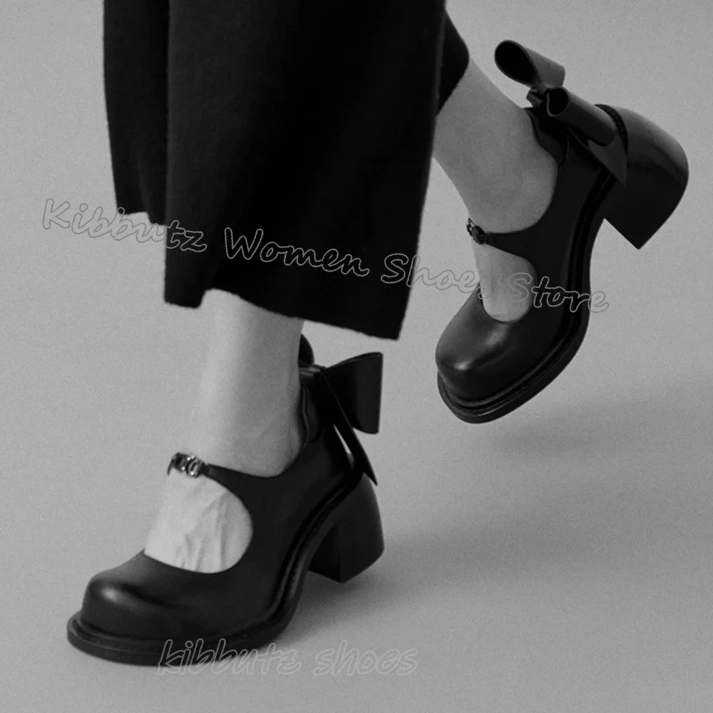 

Bows Mary Jane Pumps Genuine Leather Hollow Solid Color Fashion Elegant Concise Sexy Party Women Shoes Round Toe Chunky Heel New