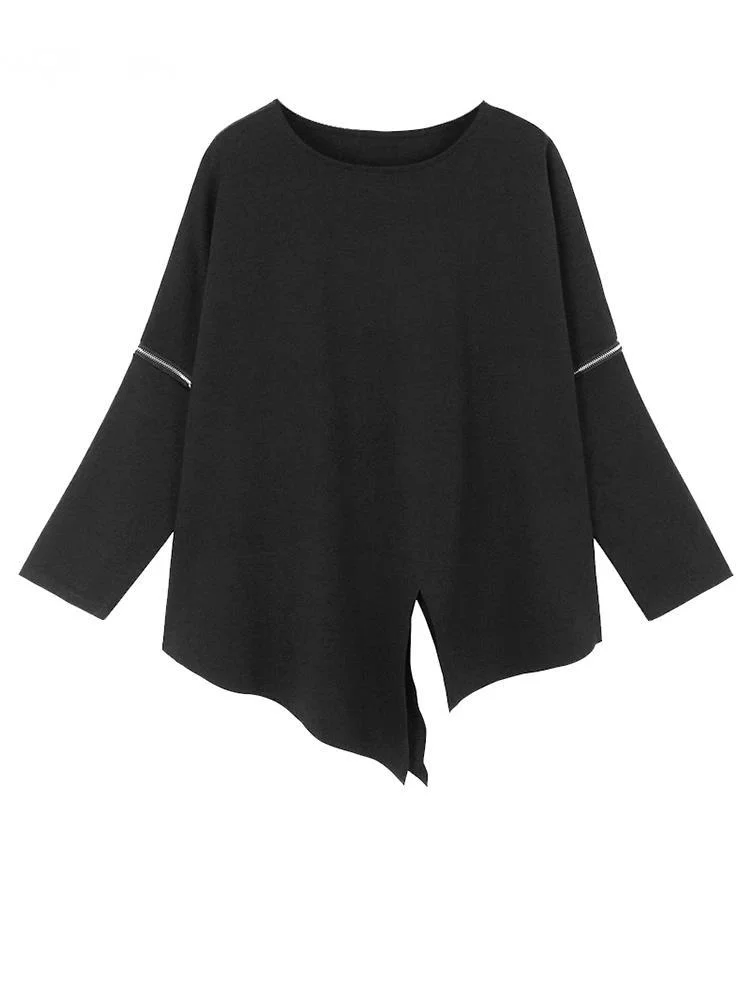 

Women Black Zipper Irregular Hem Big Size T-shirt New Round Neck Batwing Sleeve Fashion Tide Spring Autumn X670