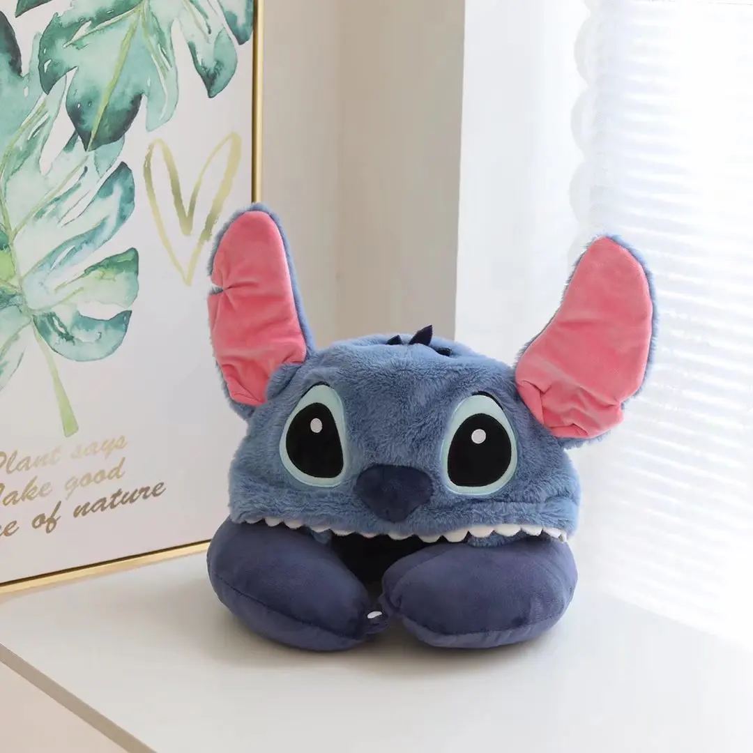 Cartoon Lilo Stitch U-förmiges Nackenkissen mit Kapuze, Reise-Blackout-Kissen, Augenmaske, Büro, Weihnachtsgeschenk, Junge mit Hut, tragbar