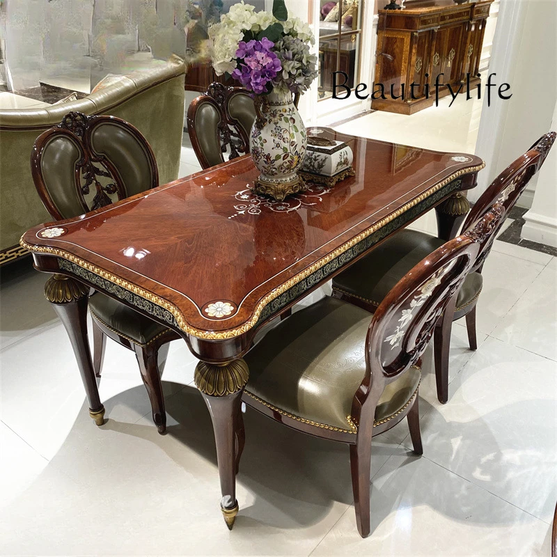 English solid wood dining table mahogany copper villa restaurant rectangular dining table shell parquet table