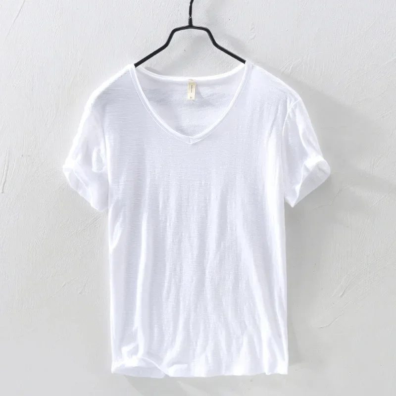 2026 New Mens T Shirt Pure Color V Collar Short Sleeved Tops Tees Men T-Shirt Slim Man Bamboo Fiber T-Shirts Fitness Male Clothe