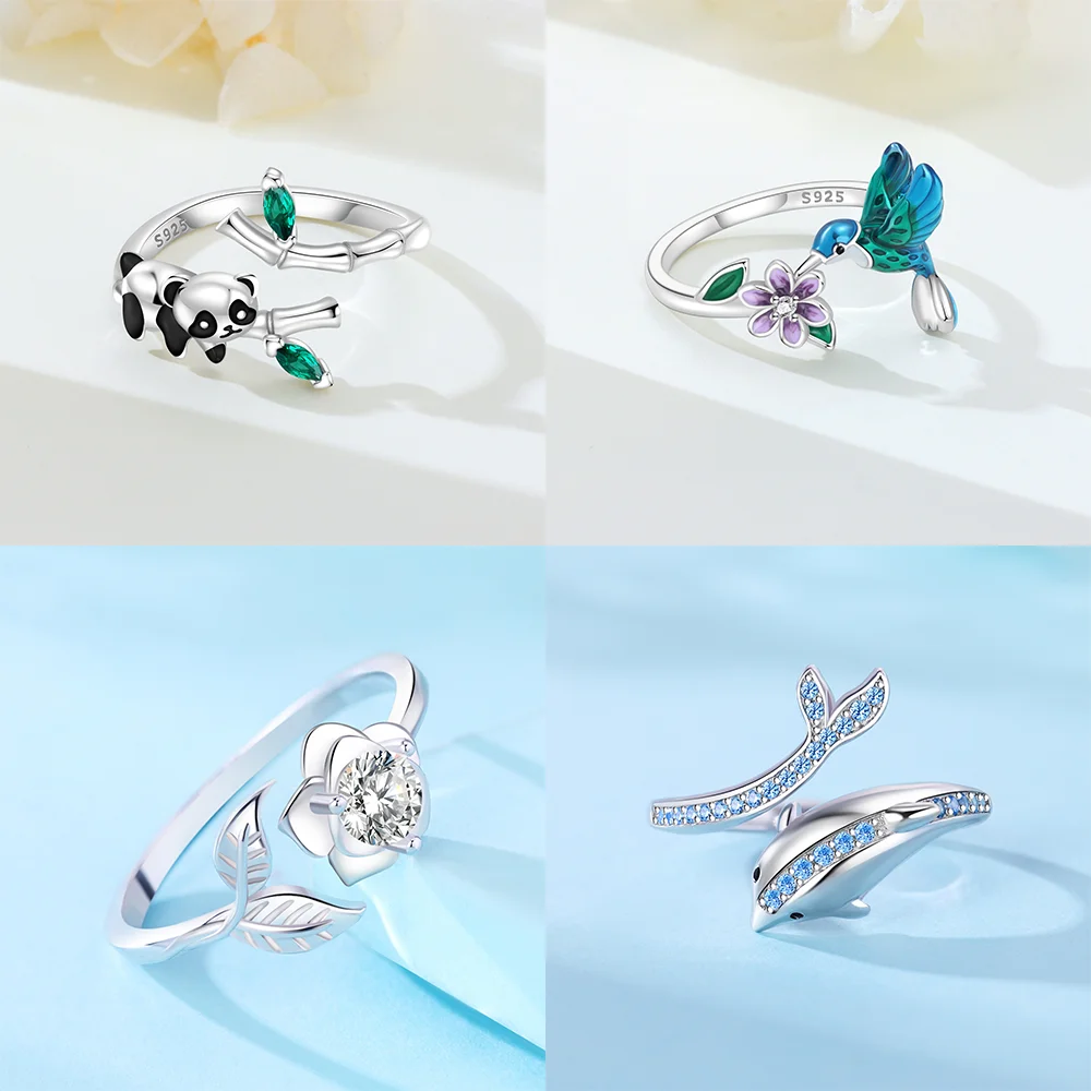 Rose Clover Panda Hummingbird Dolphin Open Ring Original Silver Ring Women Jewelry Valentine's Fine Gift Party Daily Ornament