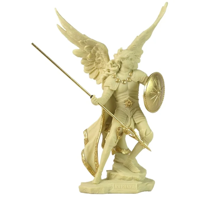 Archangel Raphael Warrior Statue Winged Angel with Golden Spear & Shield Resin Religious Decorative Ornament Guardian Angel Gift