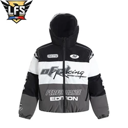 Men's Winter Windproof Padded Racing Jacket American Motorcycle Hooded Jacket Street Fashion Printed Coat Men Clothing