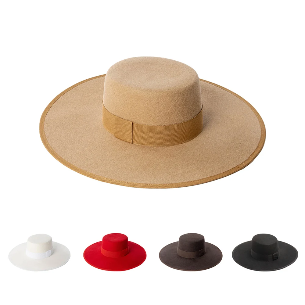 

100% Australia Wool Felt Boater Hat Wide Brim Felt hat with ribbon band