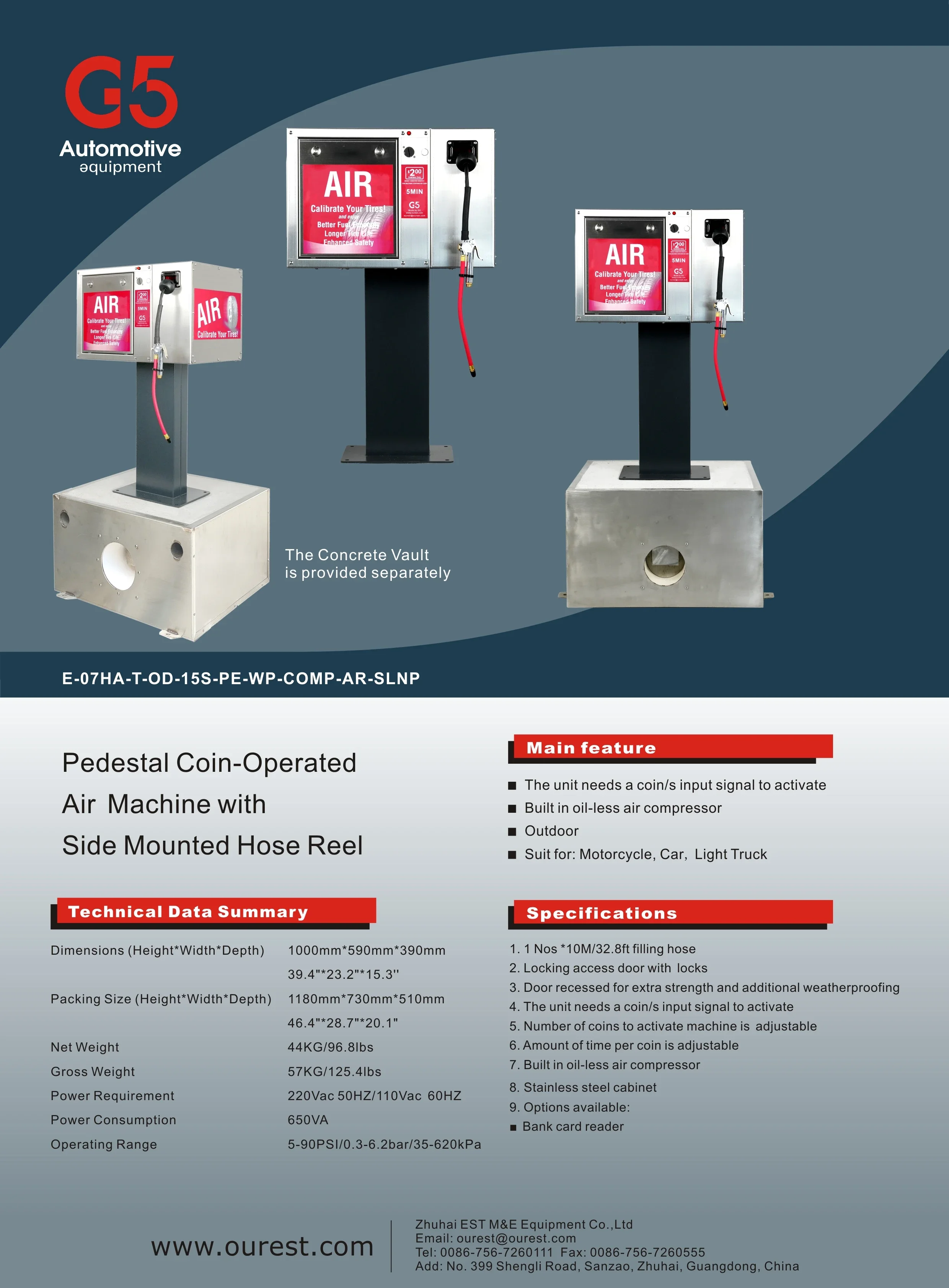 G5 CE Outdoor Card Coin Operated Digital Tyre Inflator Gas Station Tire Inflators with Built in Air Compressor With Air Reel
