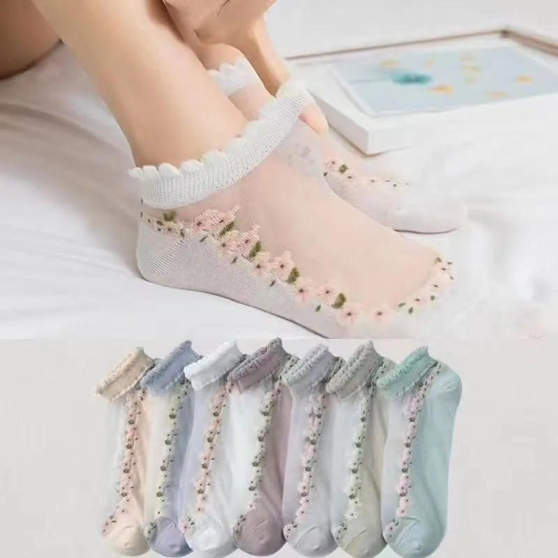 Women Transparent Crystal Silk Shoe Insoles 5 Colors Sweet Floral Lace Foot Pads Breathable Sweat Absorb Casual Ankle Cushions