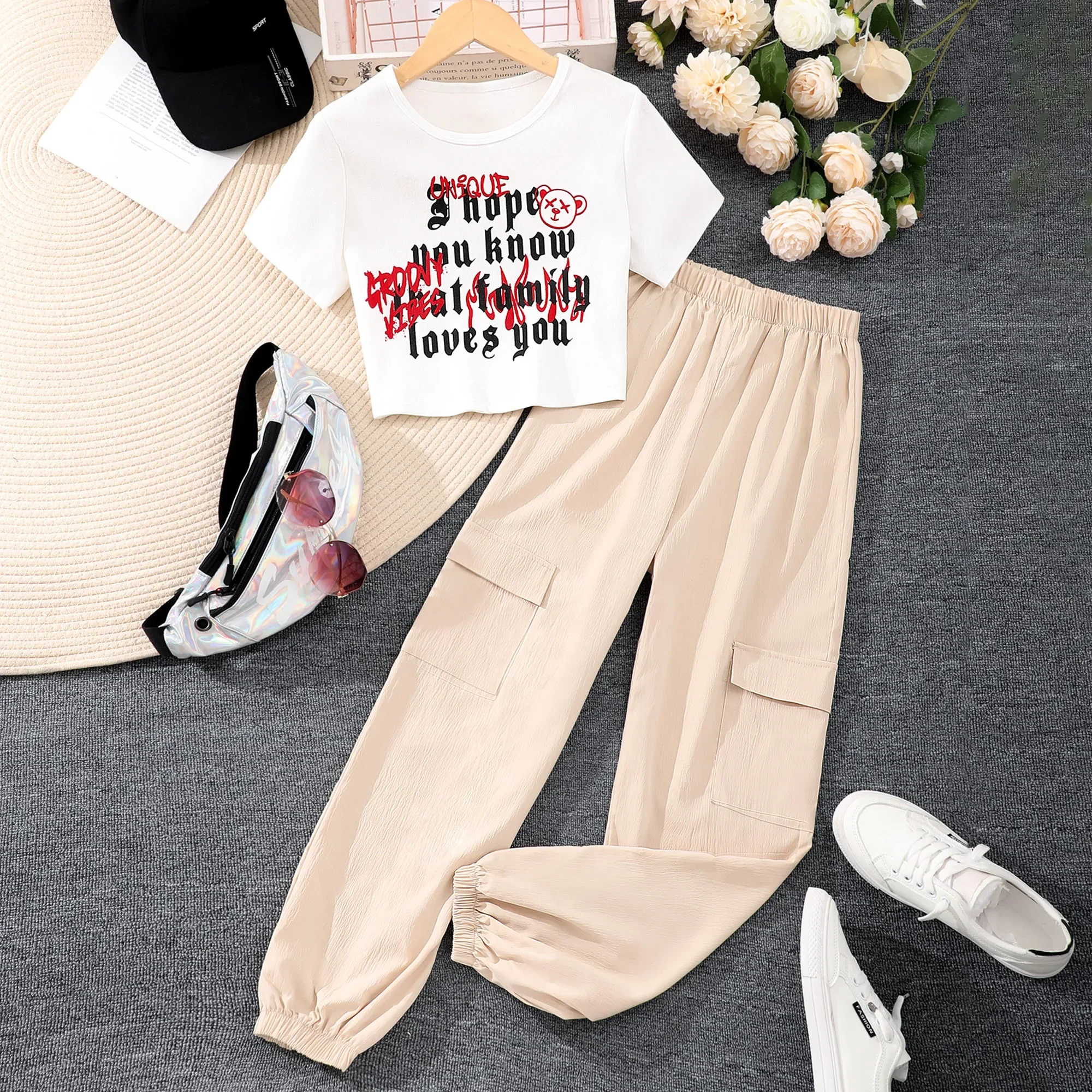 Summer Teen Girl Outfit Street Fashion High Waisted T-shirt and Pants Women 2Pcs Set Casual Youth Clothing 12 13 14 15 16 Yrs