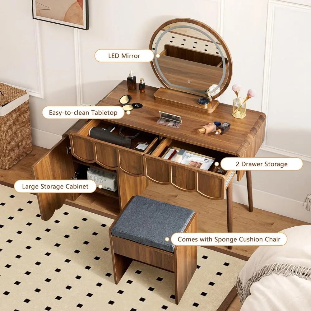 مكتب الغرور المموج الخشبي المعاصر مع مرآة وإضاءة، وطاولة مكياج كاملة مع أدراج تخزين وخزانة لـ Dressi
