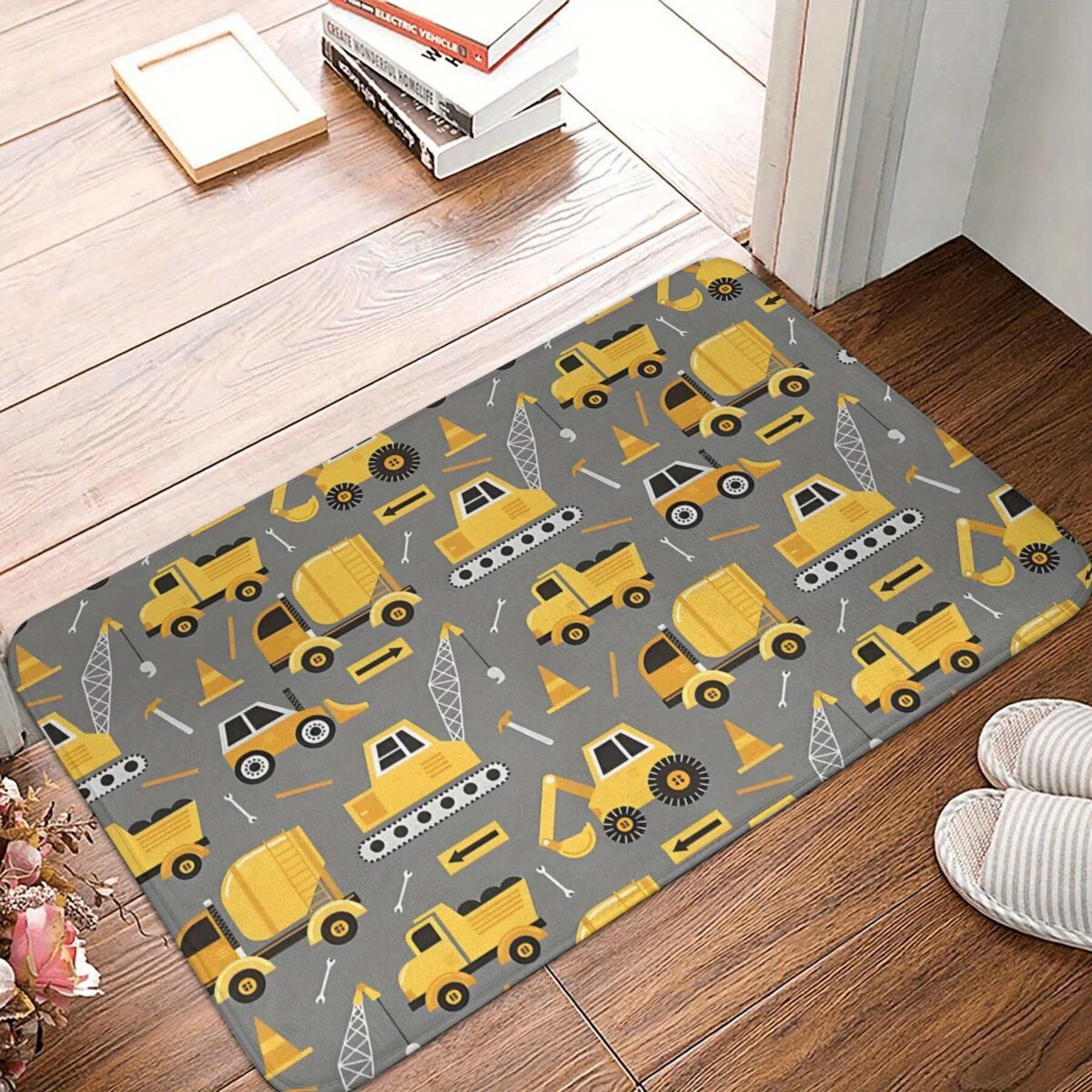 

1 pc Construction Truck Flannel Doormat, Rectangular Polyester Bath Mat Machine Washable Lightweight Home Decor Non-Slip Backing
