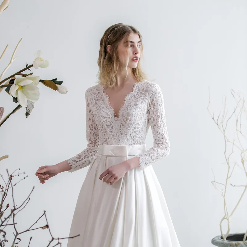 Robe de Mariée en Dentelle Blanche, Col en V, Élégante, Longue Tenue de Bal, de Soirée, Formelle, Éducative, pour Femme