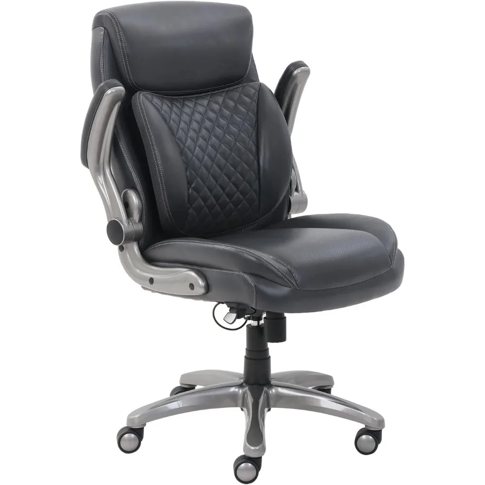 Ergonomic Executive Office Desk Chair with Flip-up Armrests Adjustable Height Tilt and Lumbar Support Grey Bonded Leather