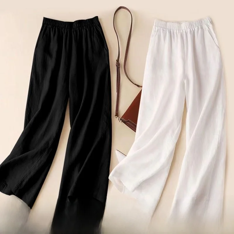 

Women's High Waist Cotton Linen Wide Leg Pants Summer New Loose Slimming Nine Points Casual Pants Single Two Pieces
