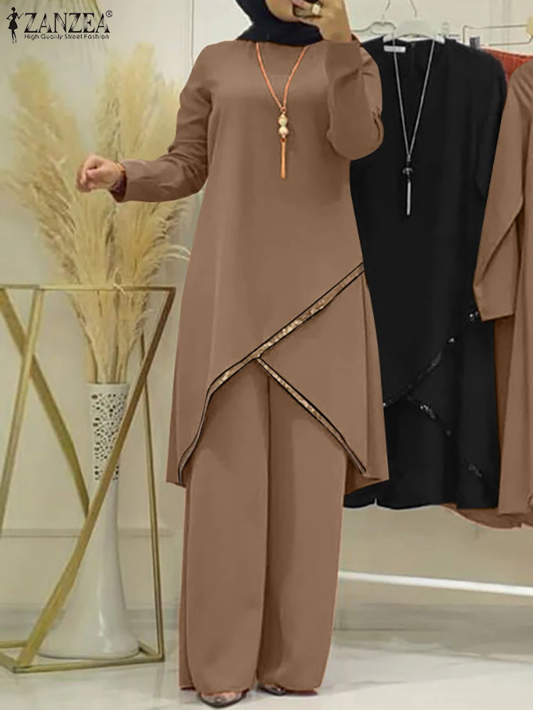 ZANZEA Fashion Tracksuit Muslim Women Long Sleeve Blouse Abaya Suits Sequins Islamic Clothing Loose Matching Sets 2PCS