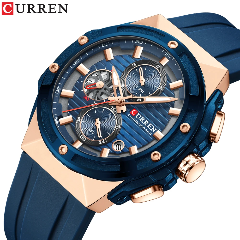 

CURREN Men's Fashion Silicone Strap Watches Chronograph Quartz Wristwatches with Luminous Hands Date Waterproof Sport Watch