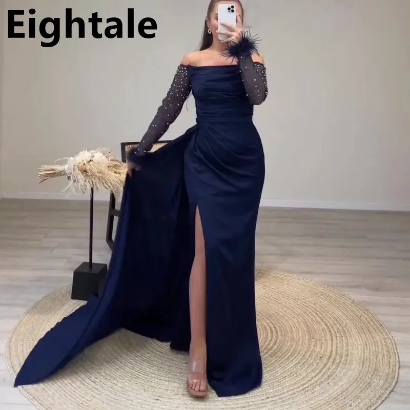 

Eightale Customized Off Shoudler Navy Blue Evening Dresses Luxury Feathers Long Sleeve Floor Length Mermaid Prom Party Gown