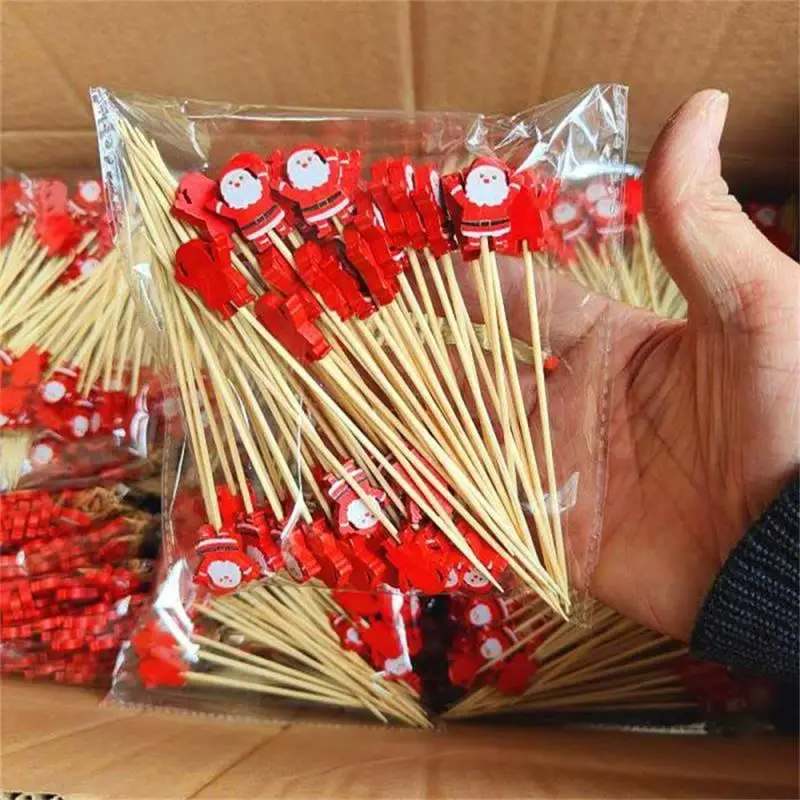 Bamboe Spies Kerst Fruit Sticks Wegwerp Kerstman Sneeuwvlok Kerstboom Fruit Vork Buffet Keuken Dessert Kerstornament