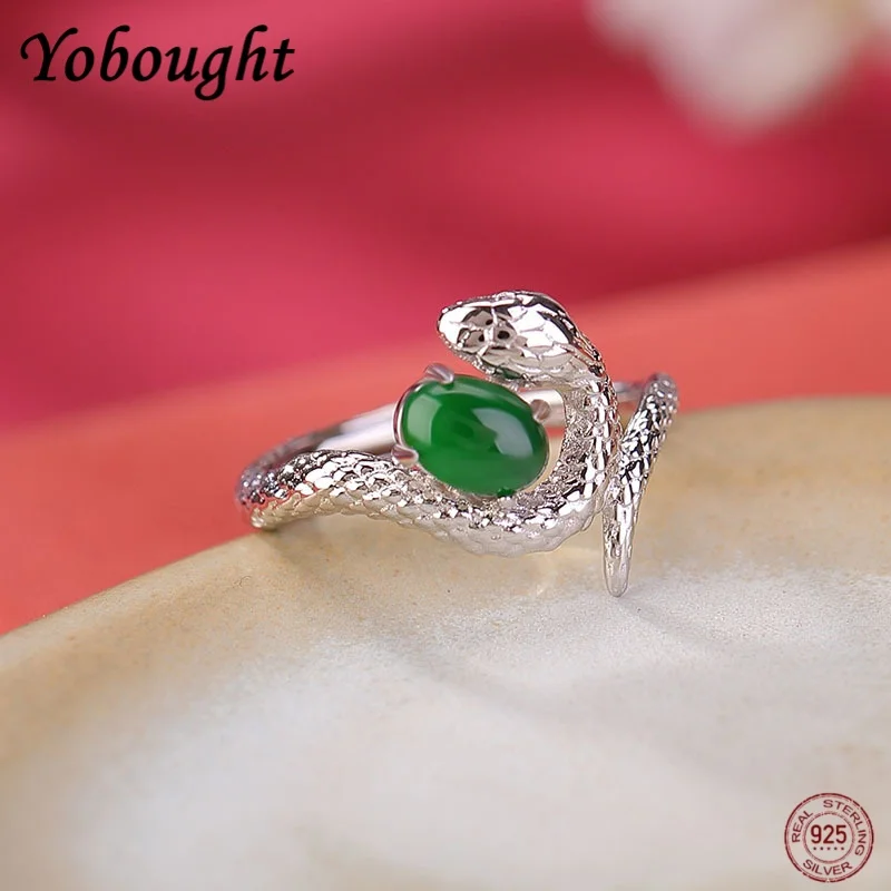 Real S925 Pure Silver Inlaid With Green Jade Retro Light Luxury Zodiac Year Little Spirit Snake Egg Face Ring