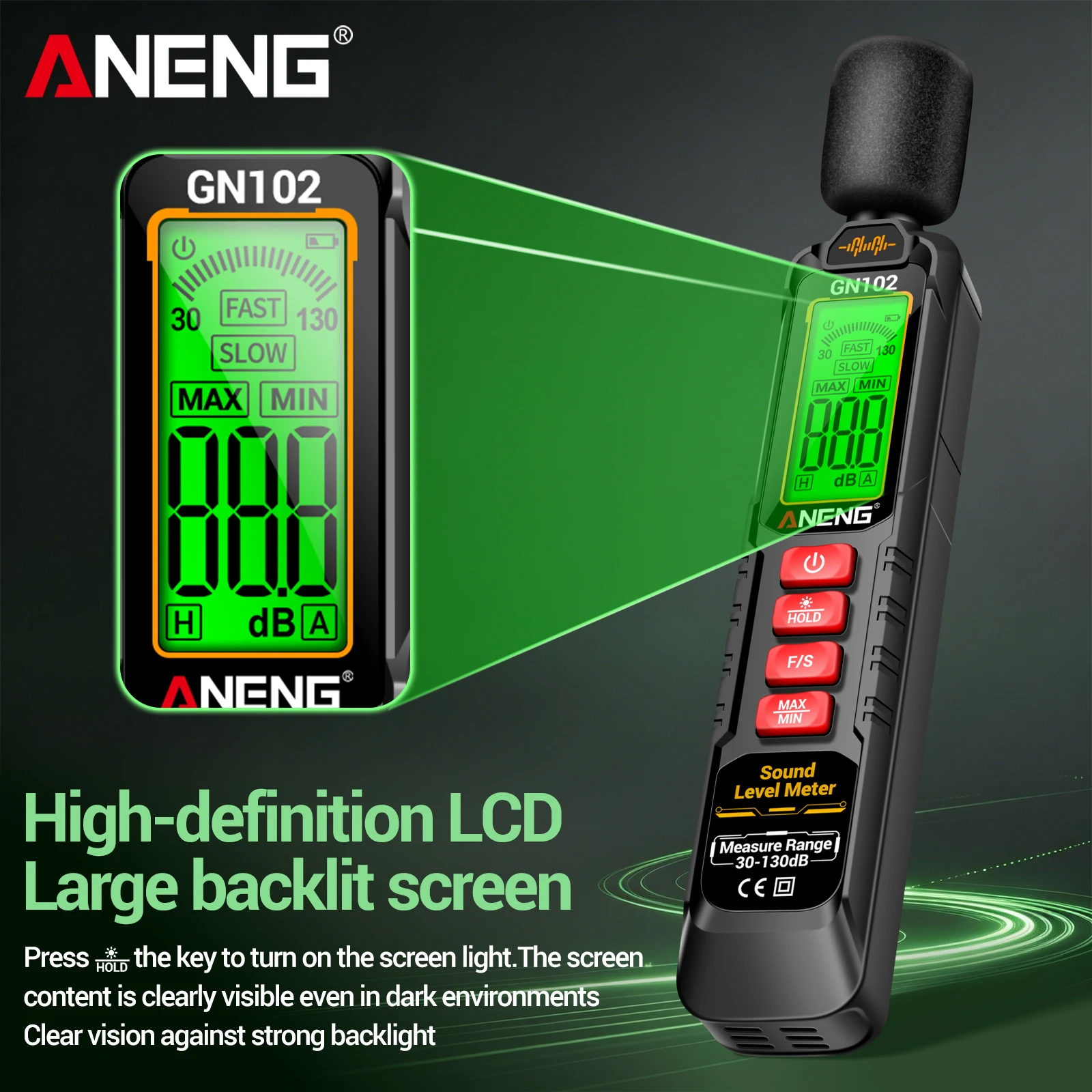 ANENG GN102 Noise Decibel Meter 30-130dB High Precision Sound Level Meter Environmental Noise Detector Backlight Decibel Tester