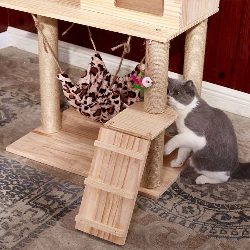 Cat climbing frame solid wood sisal multi-layer scratching board hammock supplies toy distribution