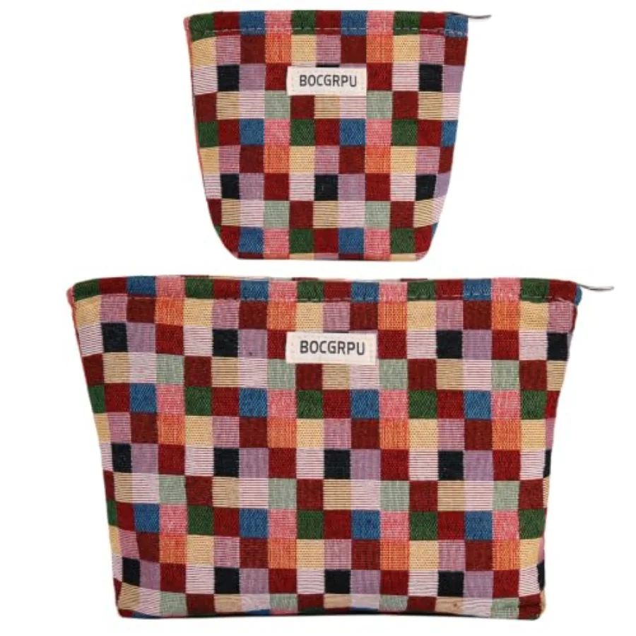 Makeup Bag Small Cute Cosmetic Bags for Women Checkered Travel Toiletry Bag for Purse, Large Canvas Cosmetic Pouch Makeup Organ