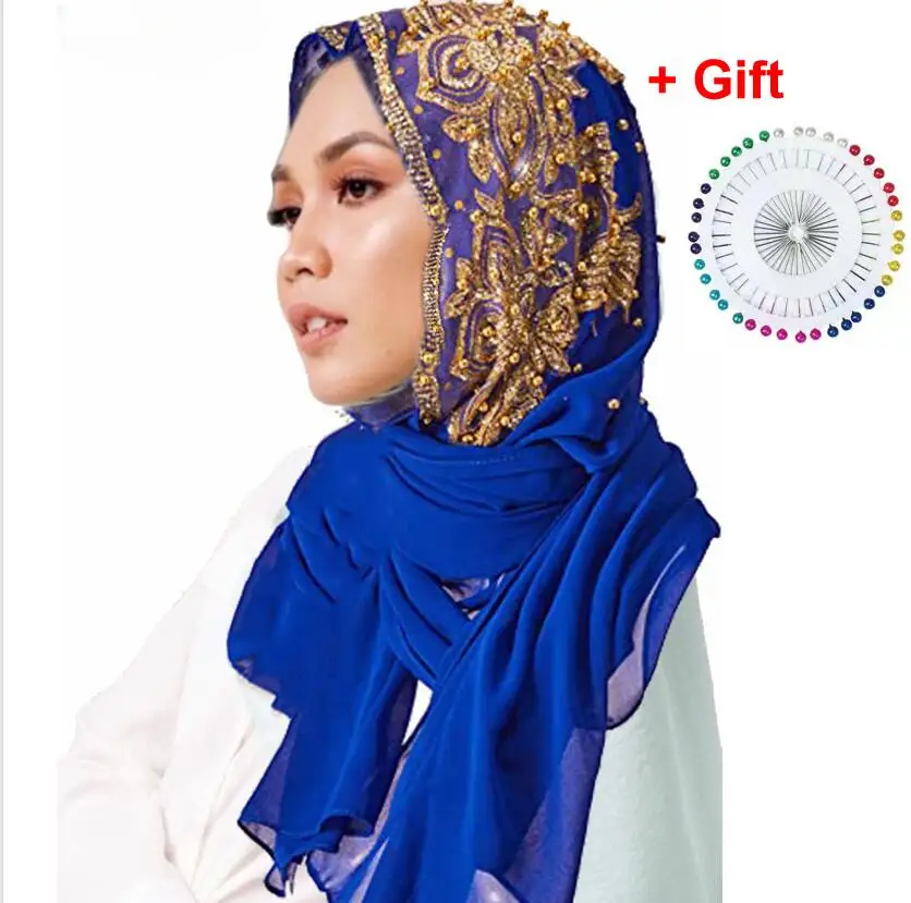 

Muslim Chiffon Hijabs Scarf Turban Gold Glitters Beads Hijab for Woman Ramadan Foulard Musulmane Pour Femme Long Headscarf