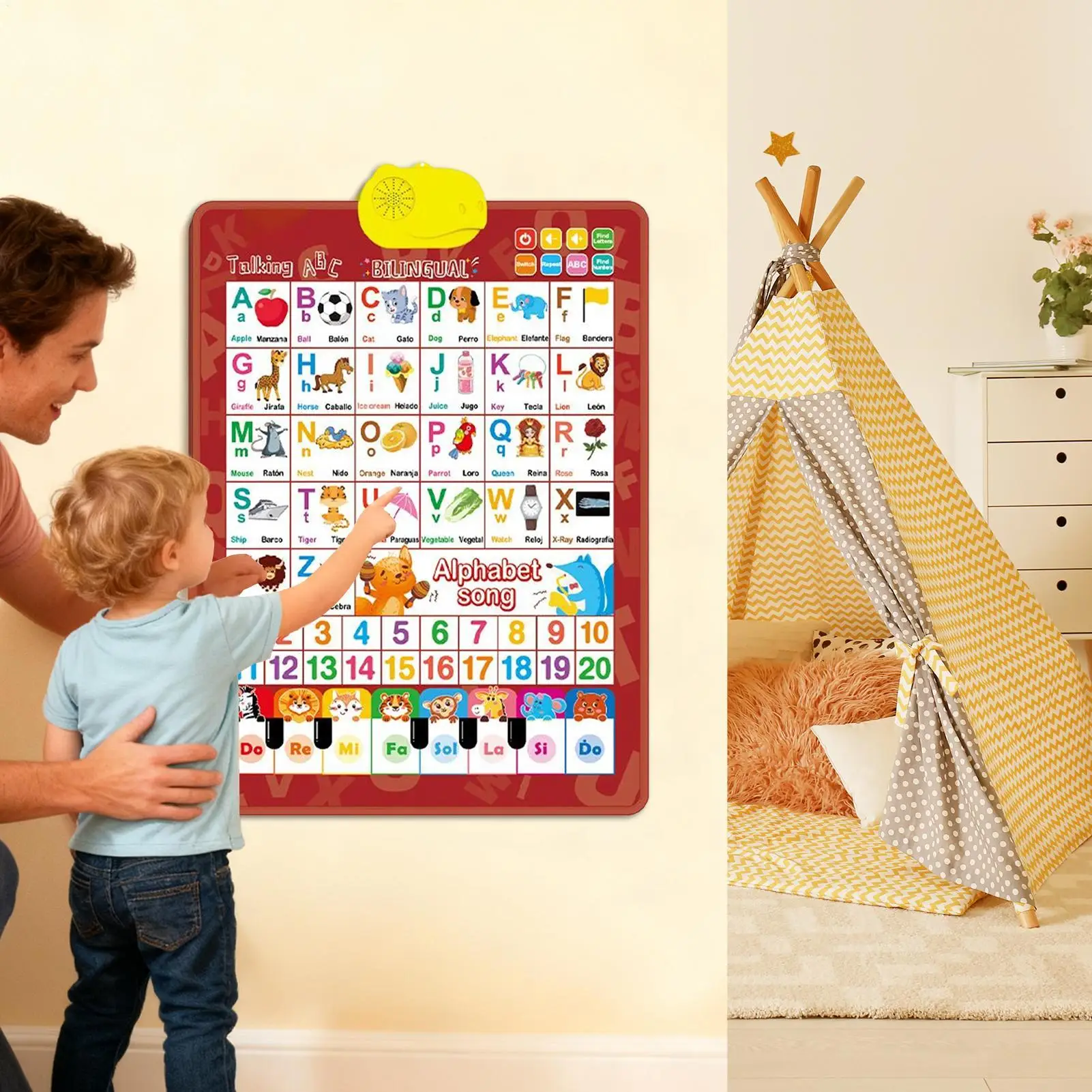 

Alphabet Bilingual Talking Wall Chart for Kids English Spanish Educational Poster Interactive Toy with Music for Classroom Home