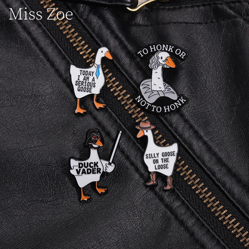 Cute Animal Silly Goose On The Loose Enamel Pin Funny Satirical Quotes Geese Duck Vader Metal Brooch Lapel Badge Jewelry Gifts