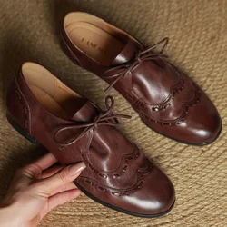 Women's cow leather lace-up flats oxfords round toe carving British style casual female retro shoes for woman size 33-40 2025