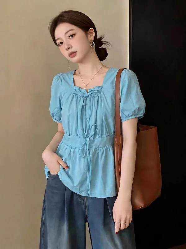 

Dopamine Lake Blue Square Collar Short Sleeve Doll Shirt Women's Summer New Large Size Fat MM Upper Apparel Korean Style Bubb...