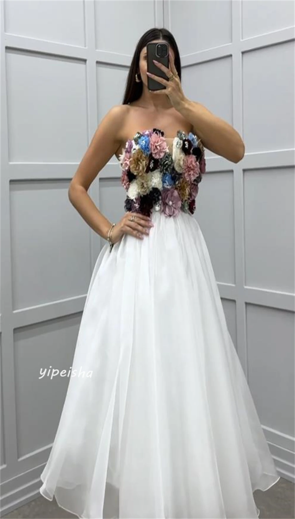 Prom Dress Saudi Arabia Net Flower Clubbing A-line Strapless Bespoke Occasion Gown Long Dresses