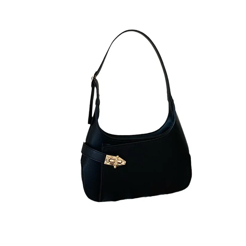 new temperament Joker commuter shoulder bag black handbag niche design texture underarm bag