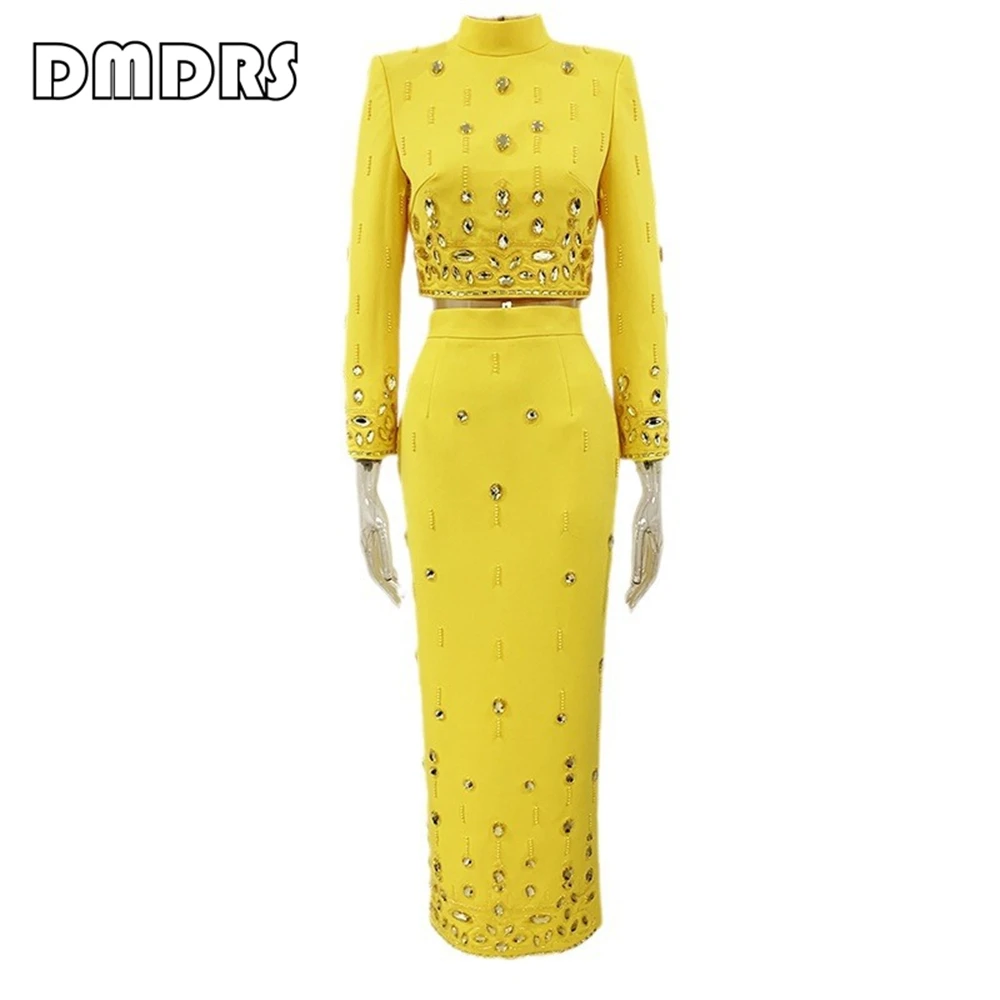 2 Pieces Formal Prom Dress Jacket With Mini Skirt Pearls High Neck Formal Outfit Luxury Yellow Crystals Suit Set,