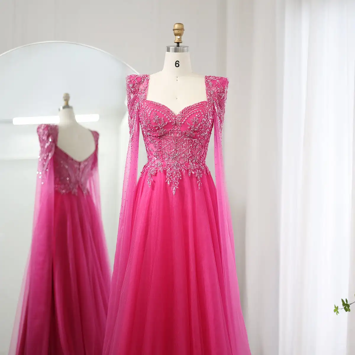 Arabic Fuchsia Evening Dress with Cape Sleeves Luxury Beaded Dubai Elegant Women Wedding Formal Party Gowns LSZ242