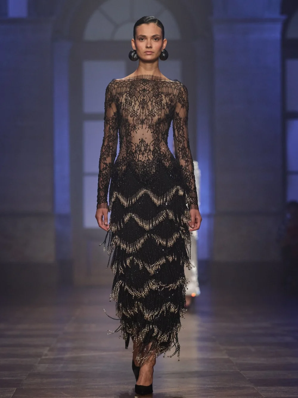 New Gradient Beaded Tassel Evening Dress Black Lace Boat Neck Red Carpet Gowns Customized Exquisite Straight Long Banquet Gowns